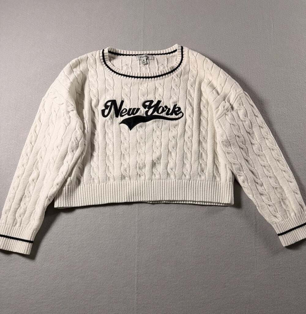 Faded Rose White Cropped Cable Knit New York Varsity Sweater